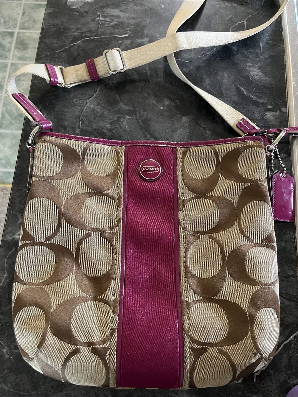 COACH Brown Signature Crossbody with Magenta Stripe